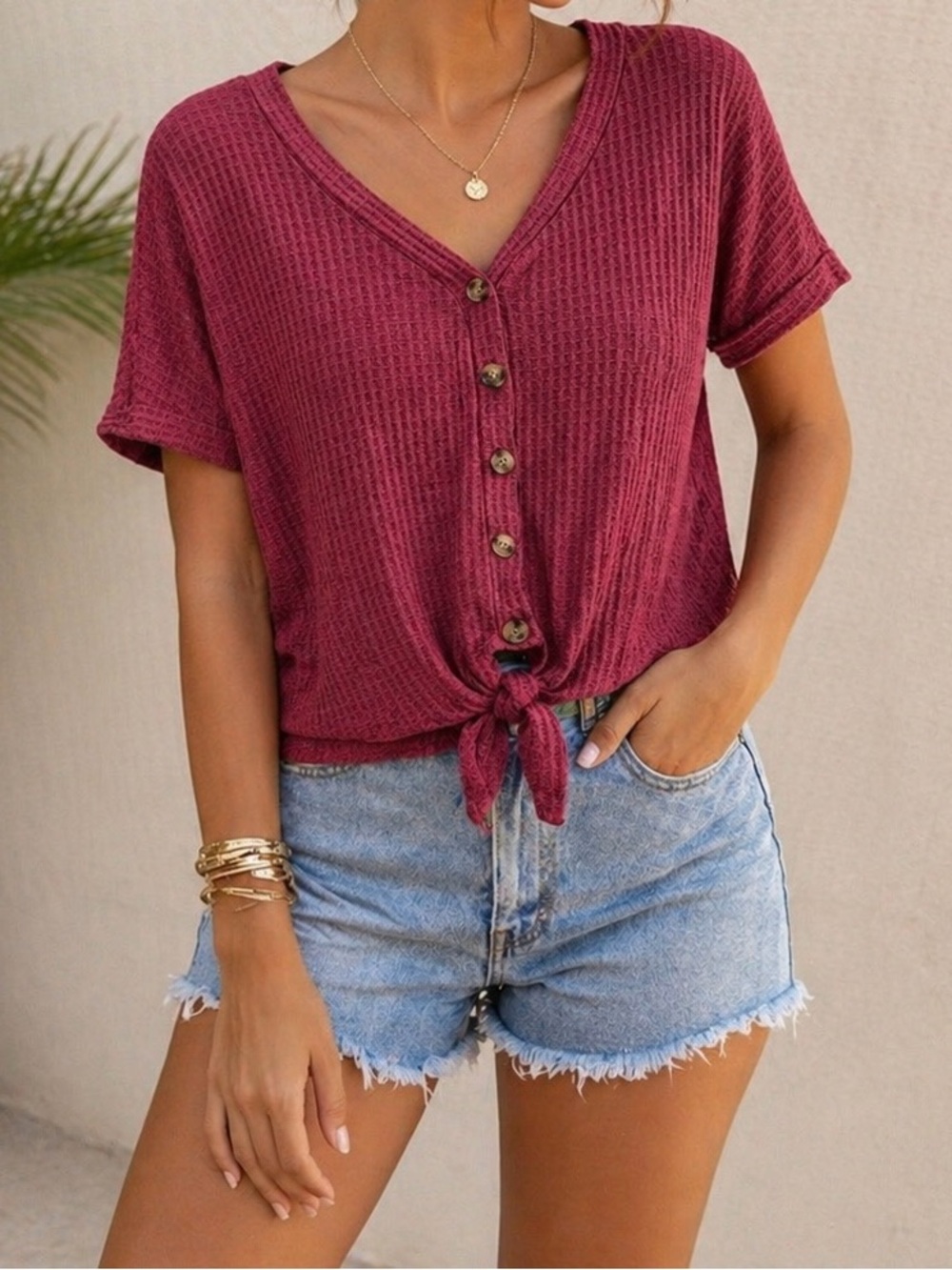 ❌SOLD❌ Pink Republic Waffle Knit Tie Front Top Mauve Button Short Sleeve S